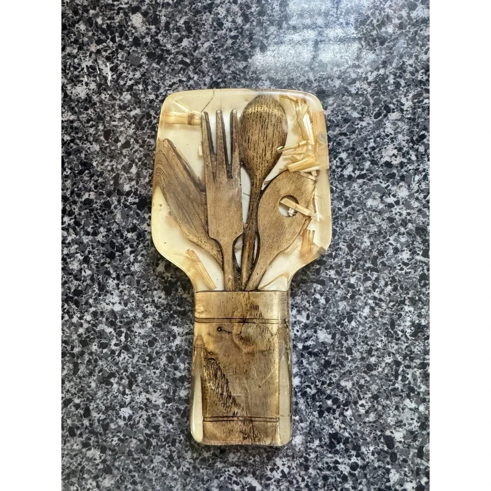 Mid Century Modern 1970 Lucite Acrylic Wood Tools Kitchen Spoon Rest mcm Vintage